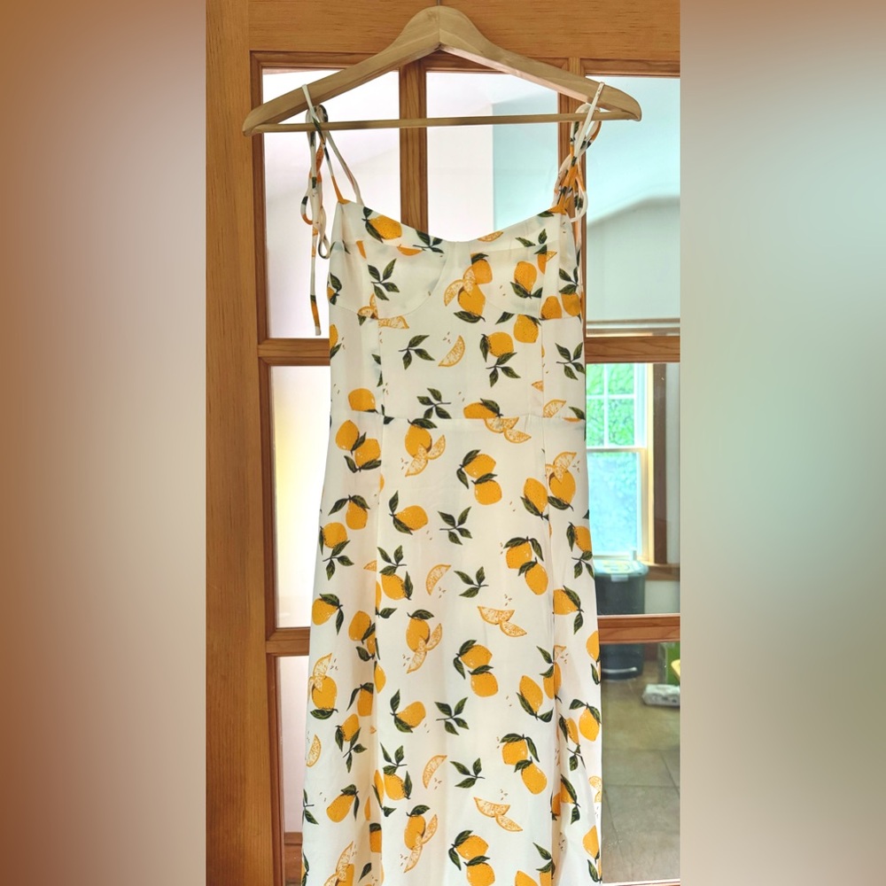 Tie Strap Sweetheart Neck Lemon Midi Dress, Size S